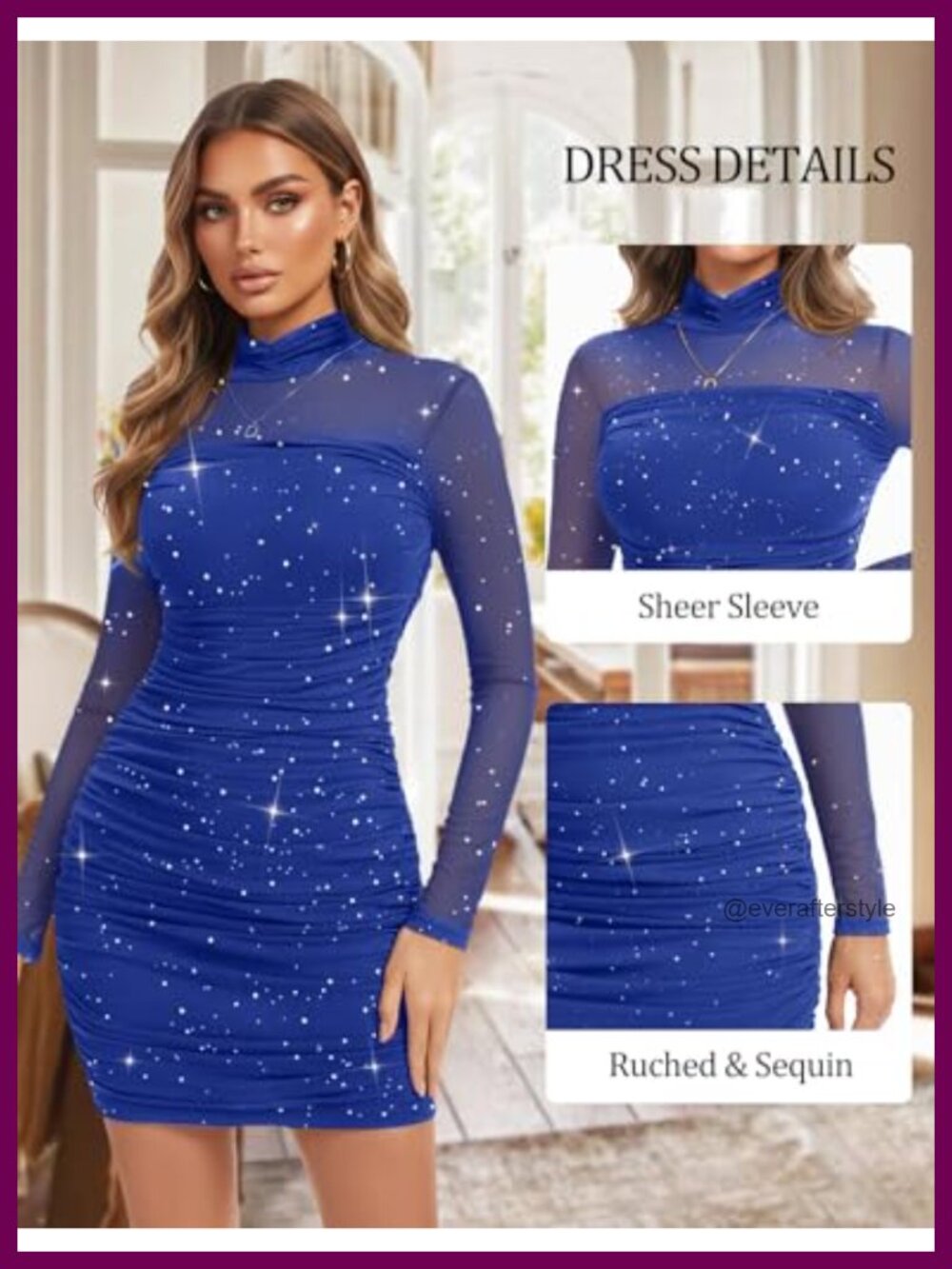 Women's Ruched Bodycon Mini Dress Sheer Mesh Long Sleeve Mock Neck Sequin - Picture 4 of 6